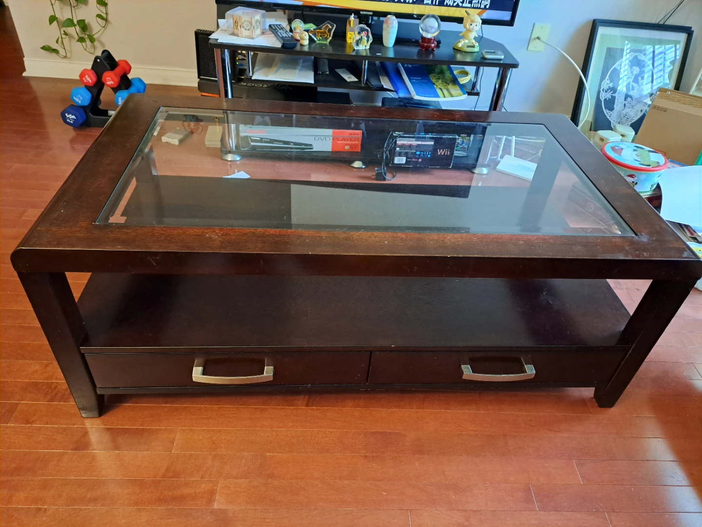 Dark Wood Coffee Table with Glass Top and Drawers