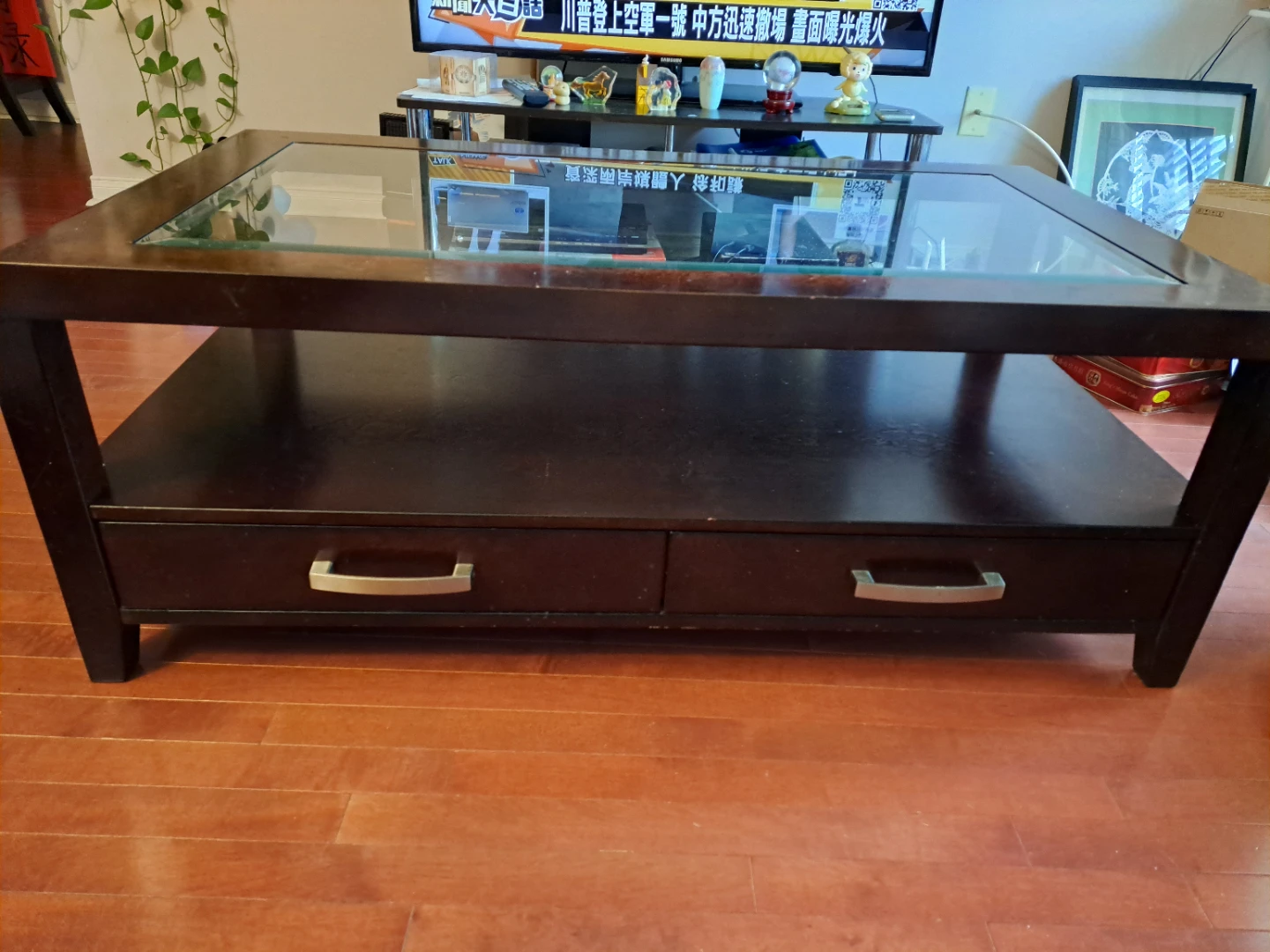 Dark Wood Coffee Table with Glass Top and Drawers - photo 2