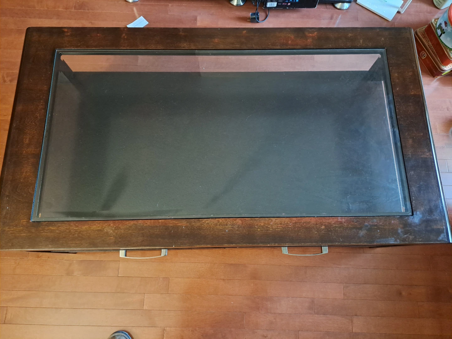 Dark Wood Coffee Table with Glass Top and Drawers - photo 3