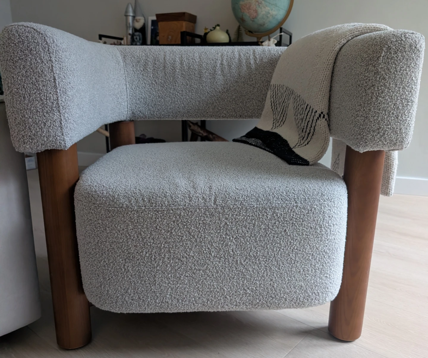 Boucle Barrel Chair with solid wood legs