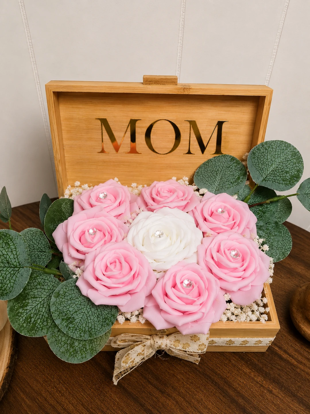 Wooden Mom artificial flowers Box with Pink and White