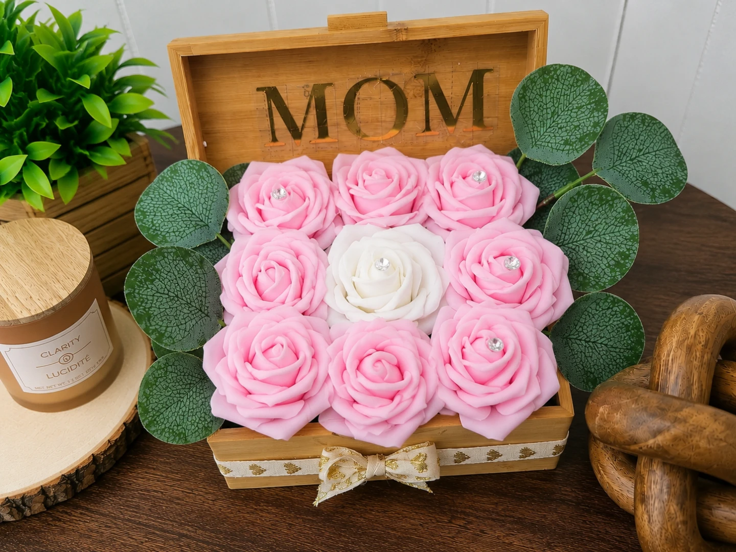 Wooden Mom artificial flowers Box with Pink and White - photo 2