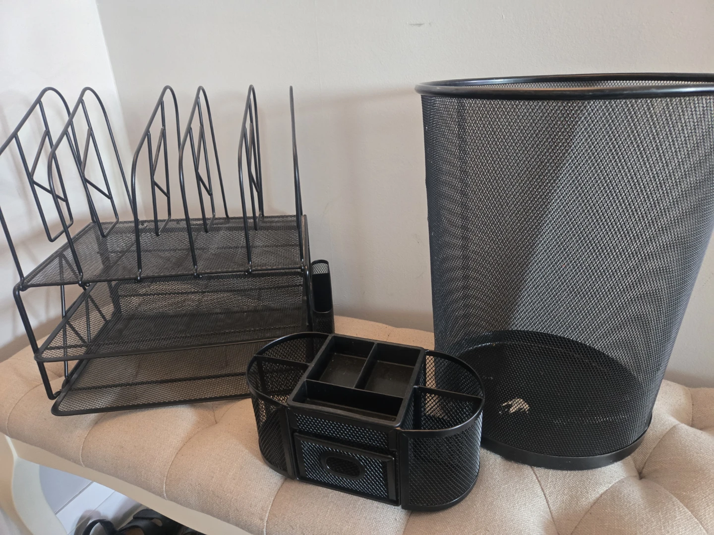 Black Mesh Desk Organizer Set with Waste Basket