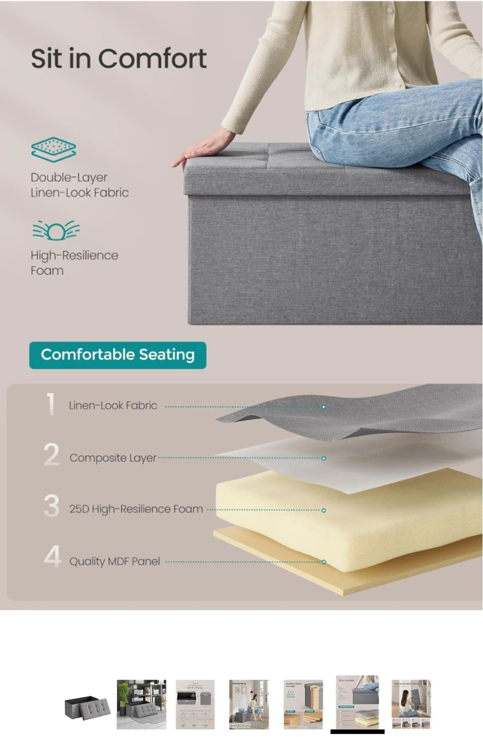 Songmics Light Grey 30in Folding Storage Ottoman Bench - photo 4