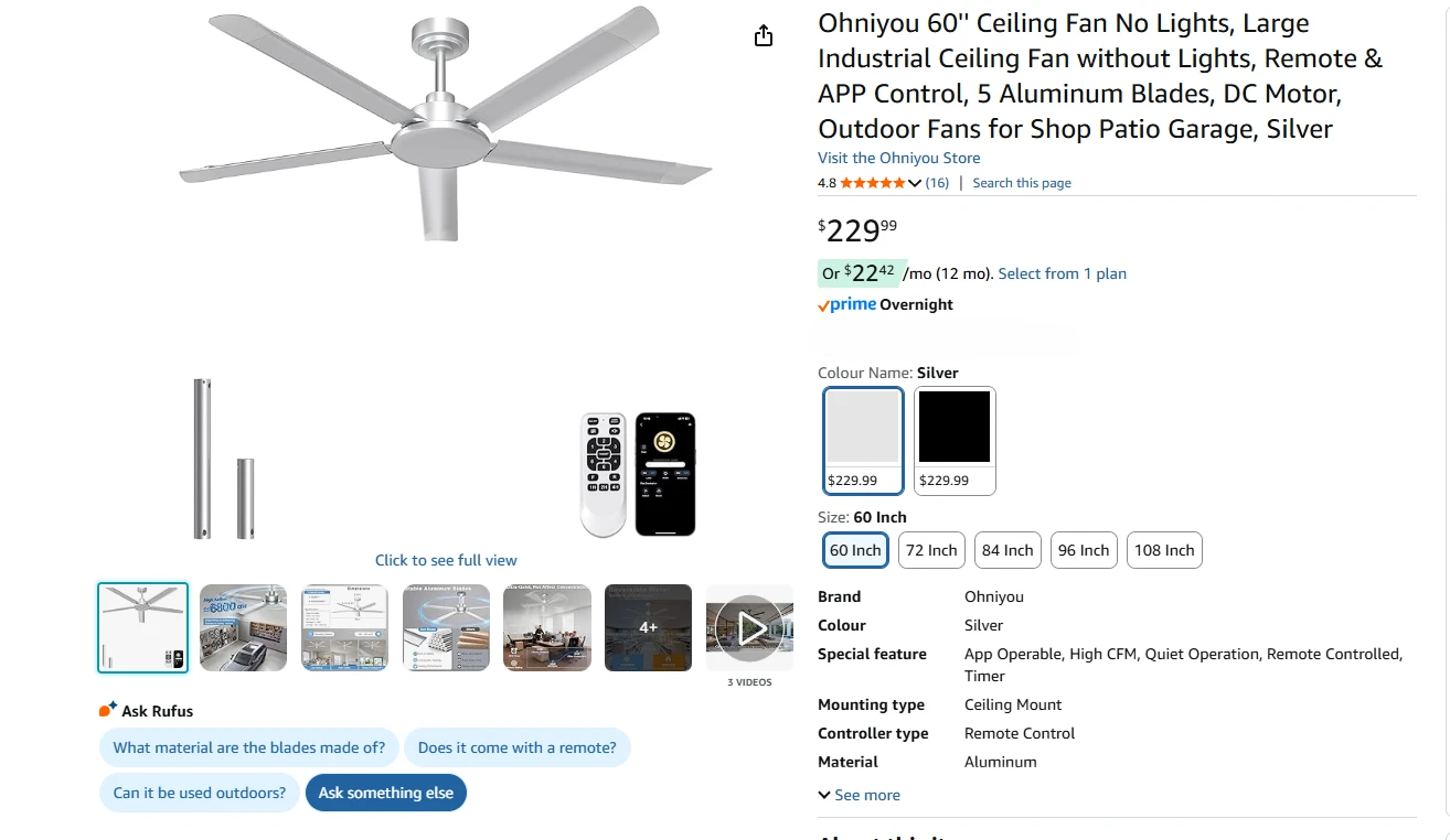 60" Large Ceiling Fan for Bedroom and Livingrooms - Silver - photo 2