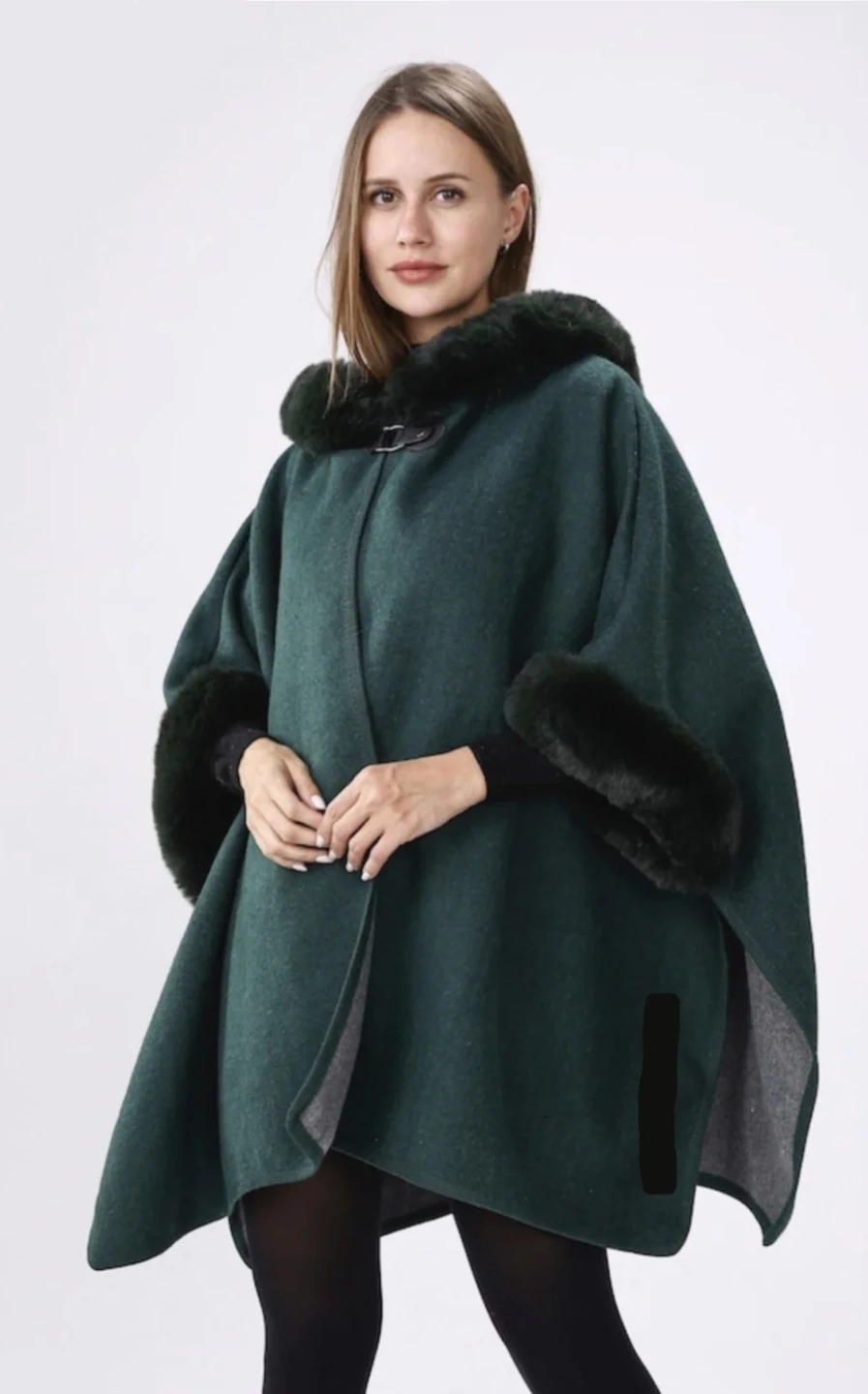 Dark Green Hooded Cape with Faux Fur Trim - photo 3