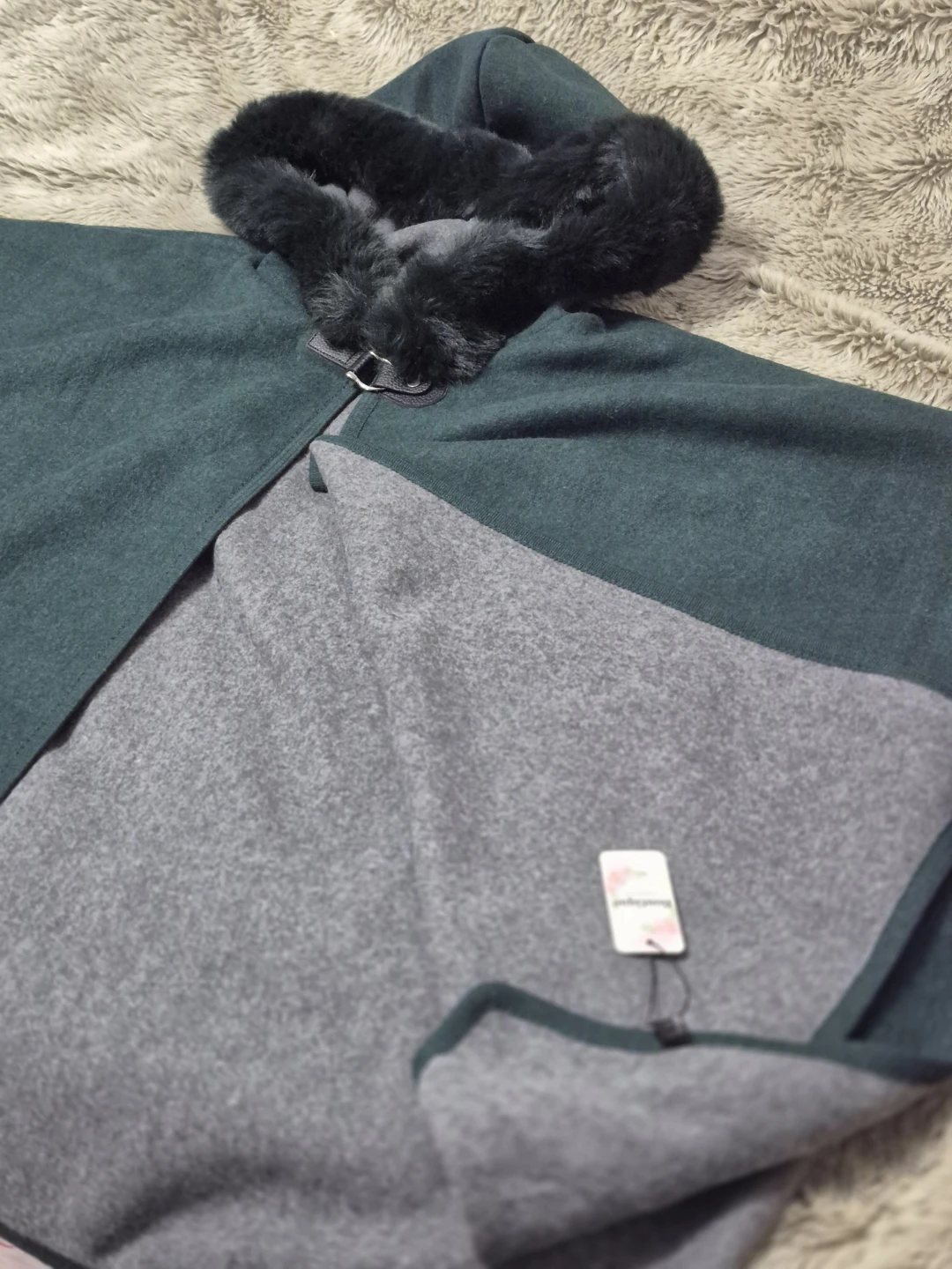 Dark Green Hooded Cape with Faux Fur Trim - photo 4