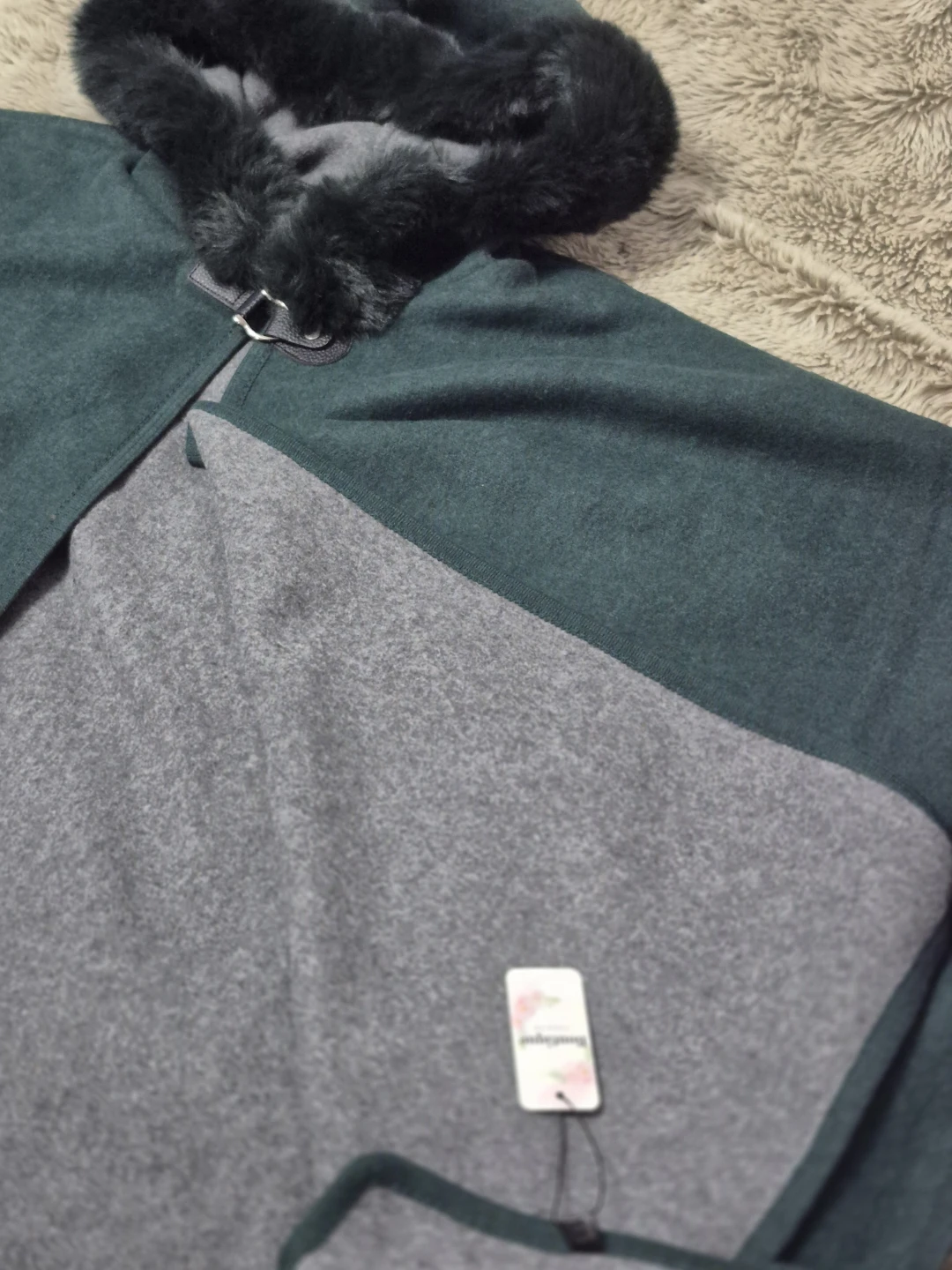 Dark Green Hooded Cape with Faux Fur Trim - photo 5