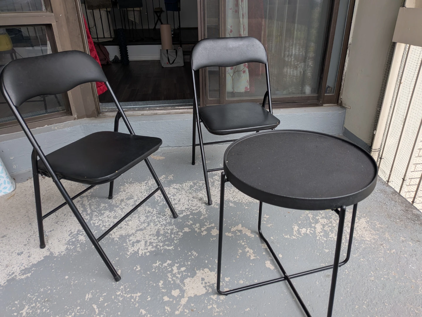 Black Folding Chairs and Round Side Table Set