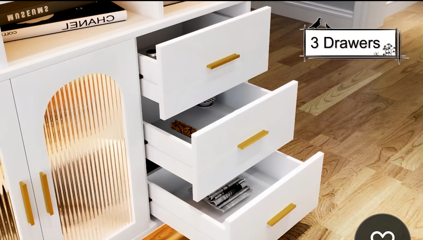 White Storage Cabinet with 3 Drawers and Frosted Glass Doors