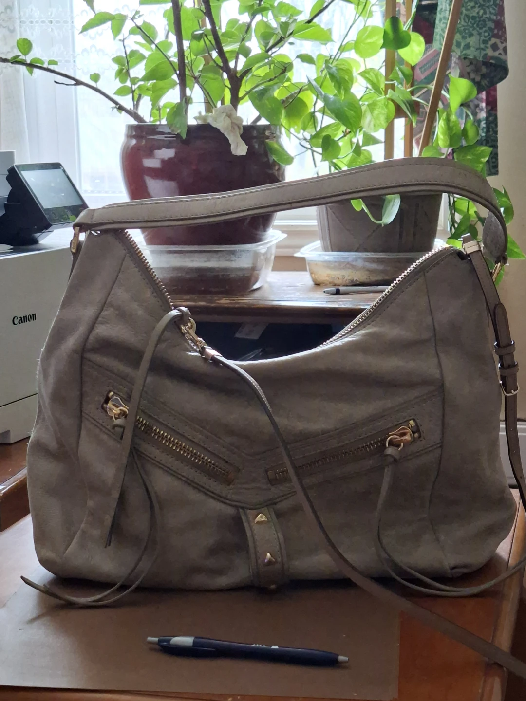 Grey Suede Hobo Bag