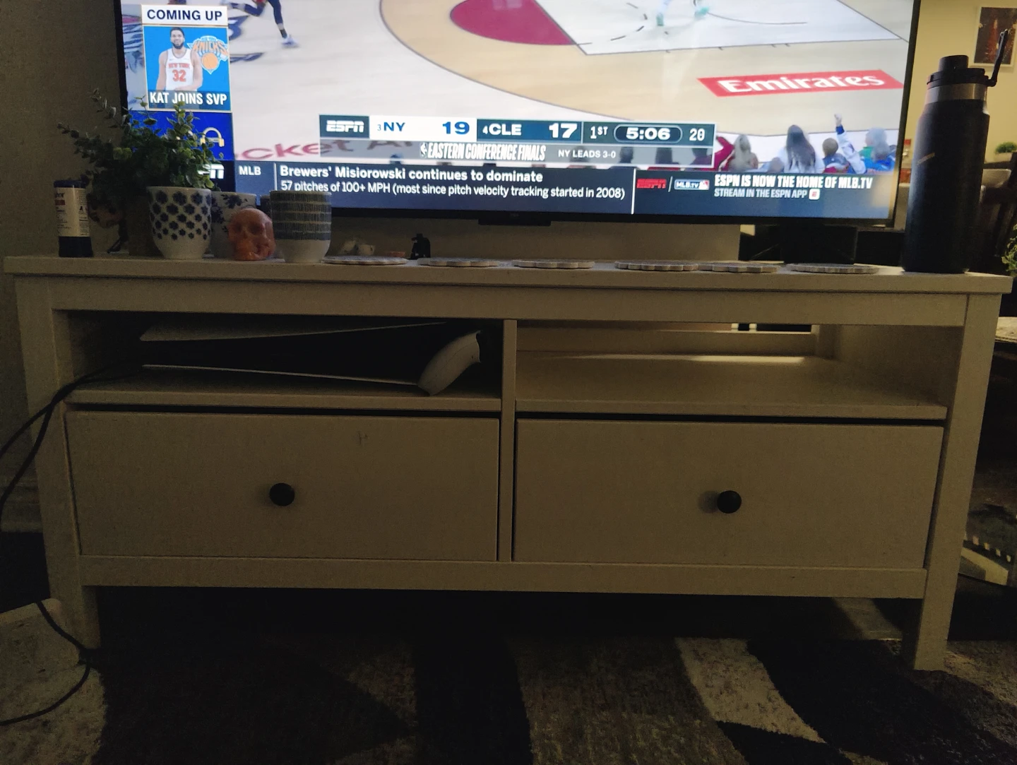 White TV stand with 2 Drawers and Open Shelf