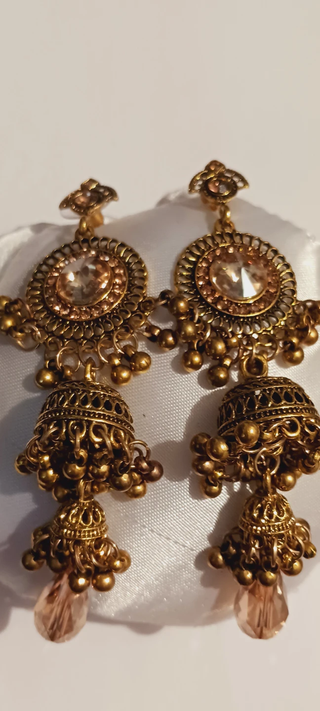 Gold Jhumka Earrings with Peach Gemstones