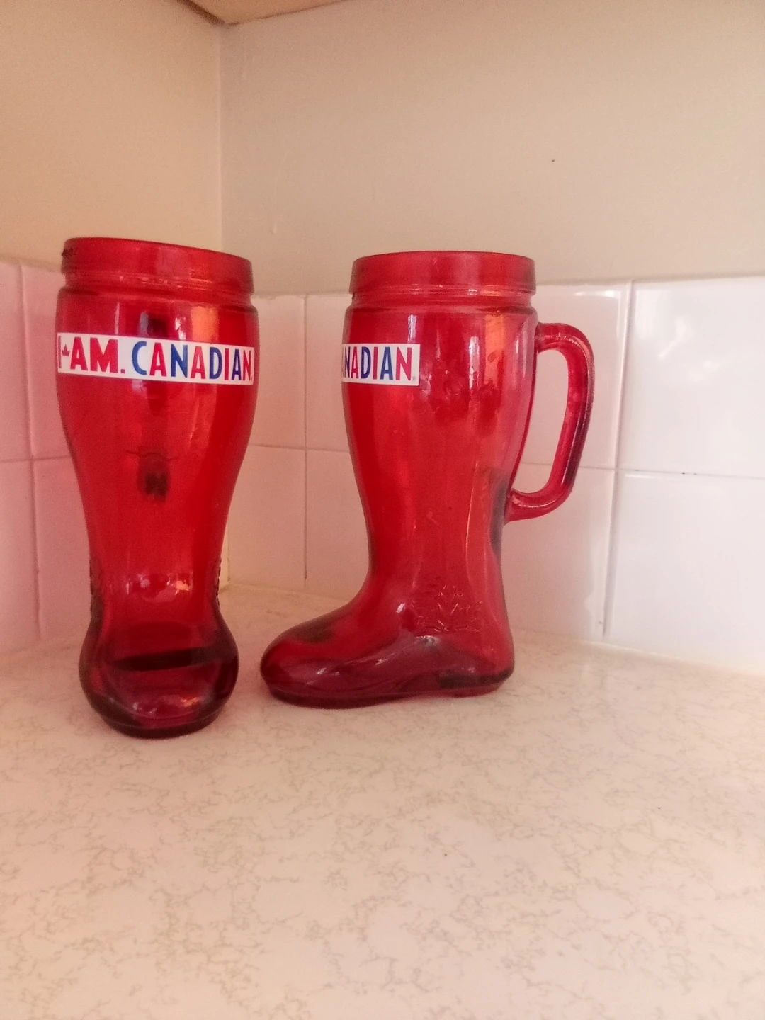 Set of 2 Red "I Am Canadian" Boot Glasses