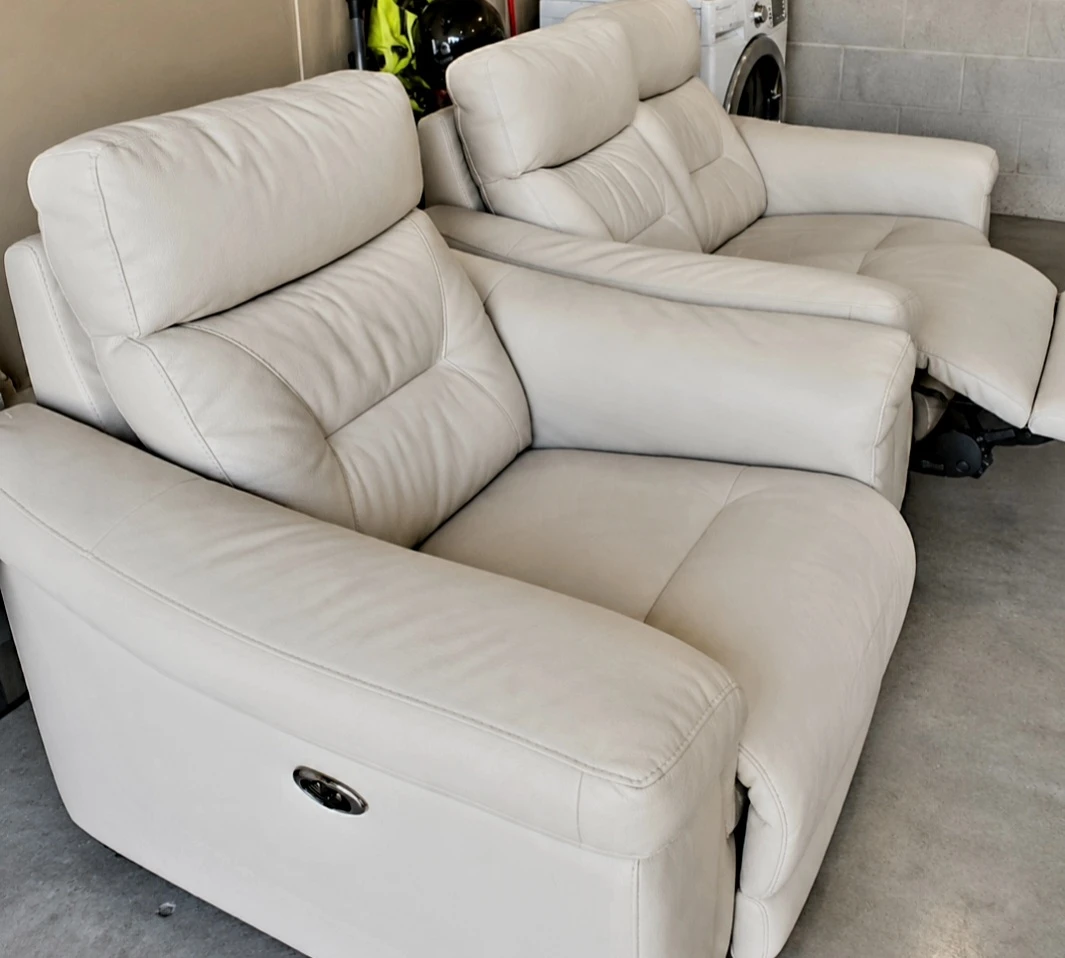 Cream Leather Power Reclining Loveseat