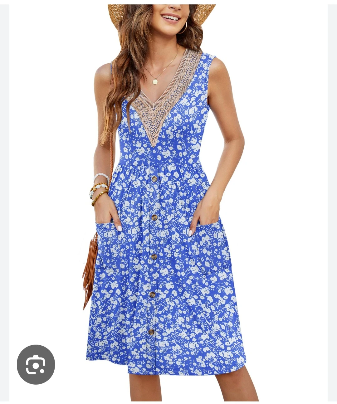 Blue Floral Sundress with Crochet Neckline Small