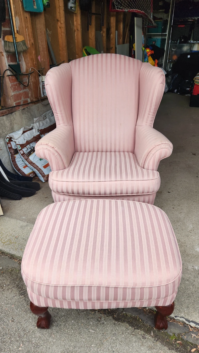Pink Striped Wingback Chair with Ottoman