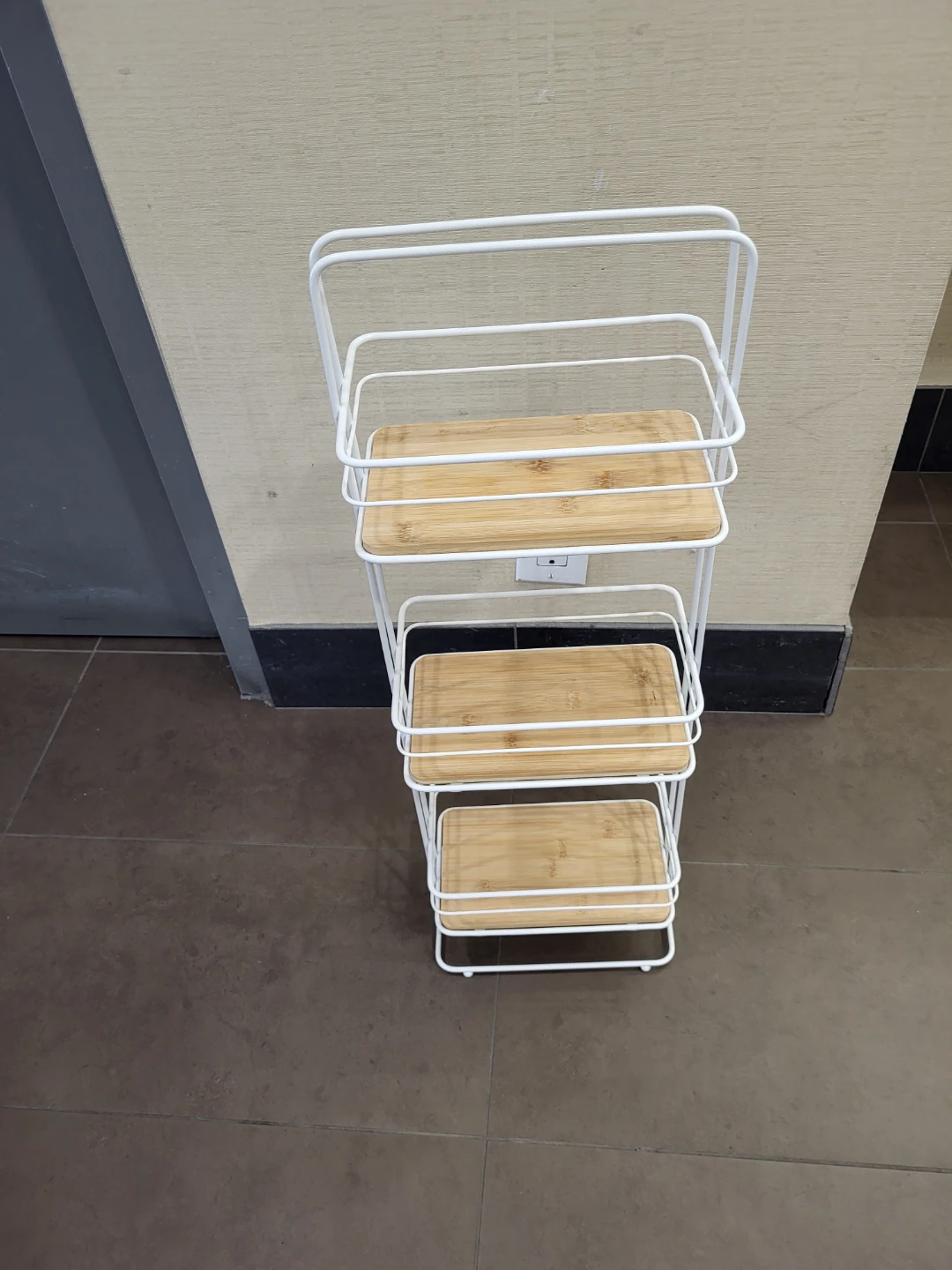 White wire rack with 3 bamboo shelves