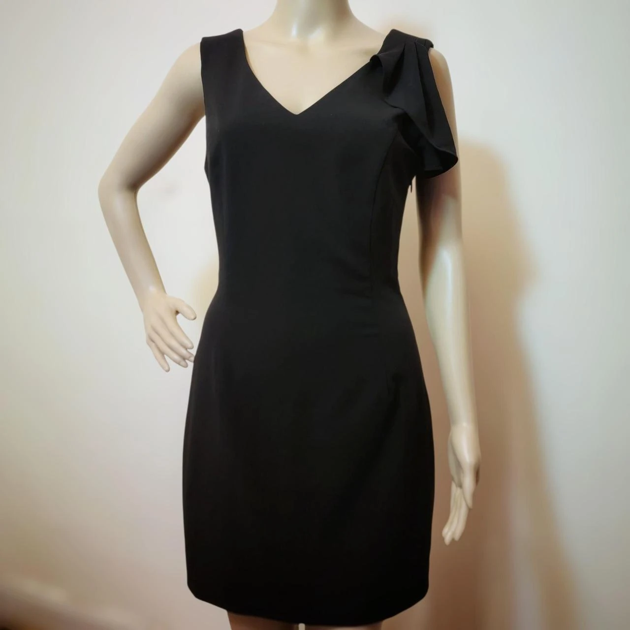 BEBE Black V-Neck Ruffle Sleeve Sheath Dress