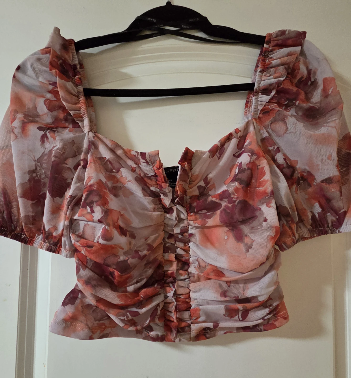 Forever 21 Floral Ruched Mesh Top