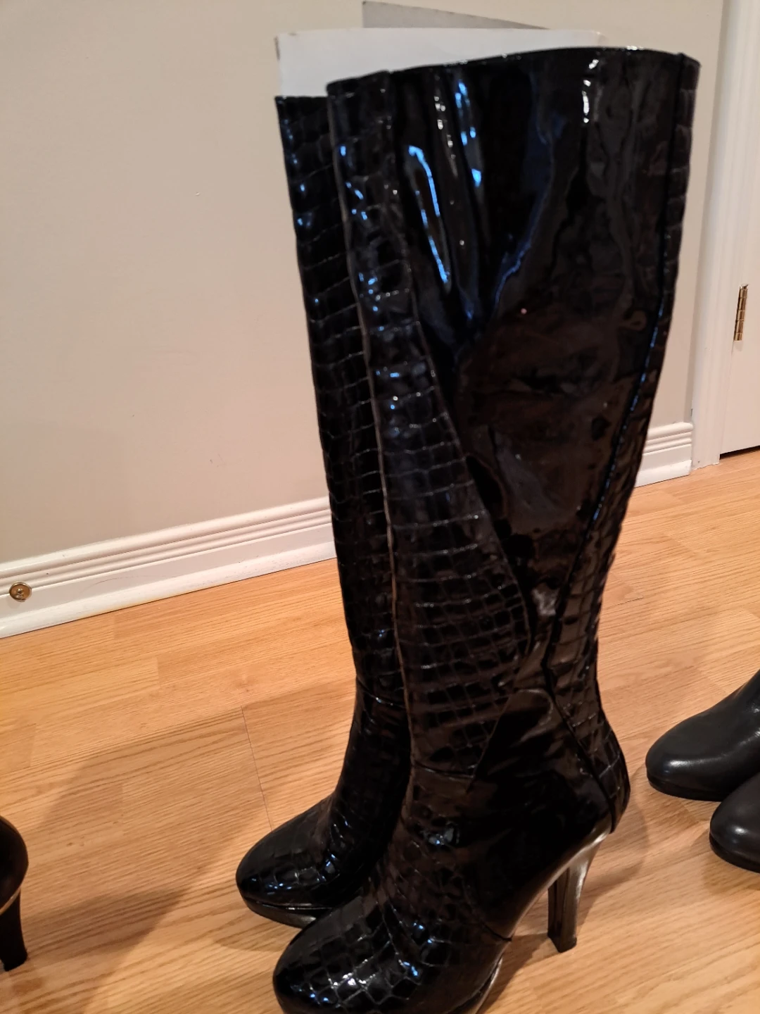 Black Patent Croc Knee-High Boots