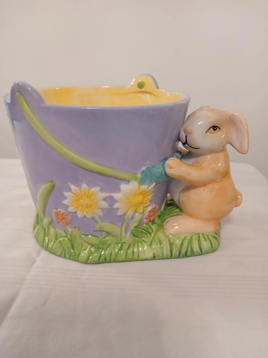 Ceramic Bucket Planter with Bunny. Pick up only.