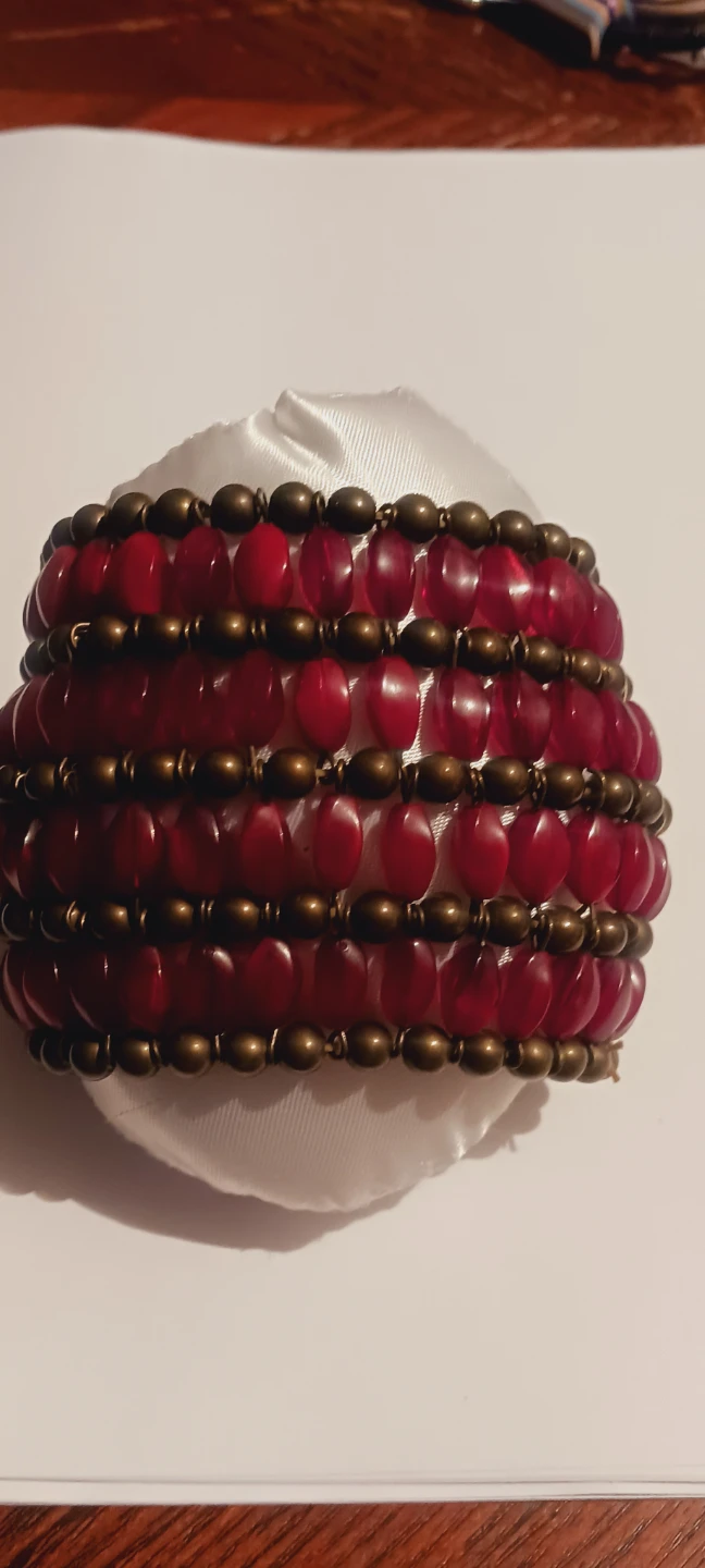 Red Beaded Stretch Bracelet with Bronze-Tone Accents - photo 3