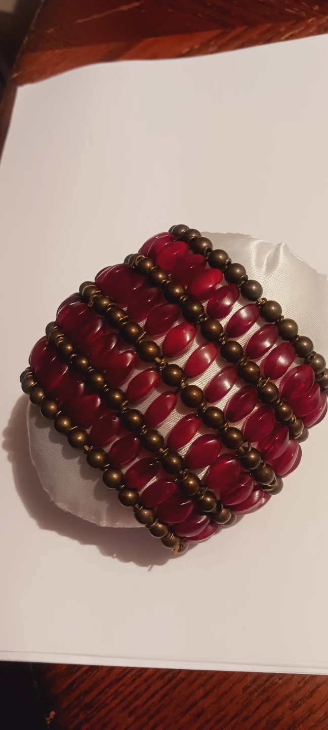 Red Beaded Stretch Bracelet with Bronze-Tone Accents - photo 5