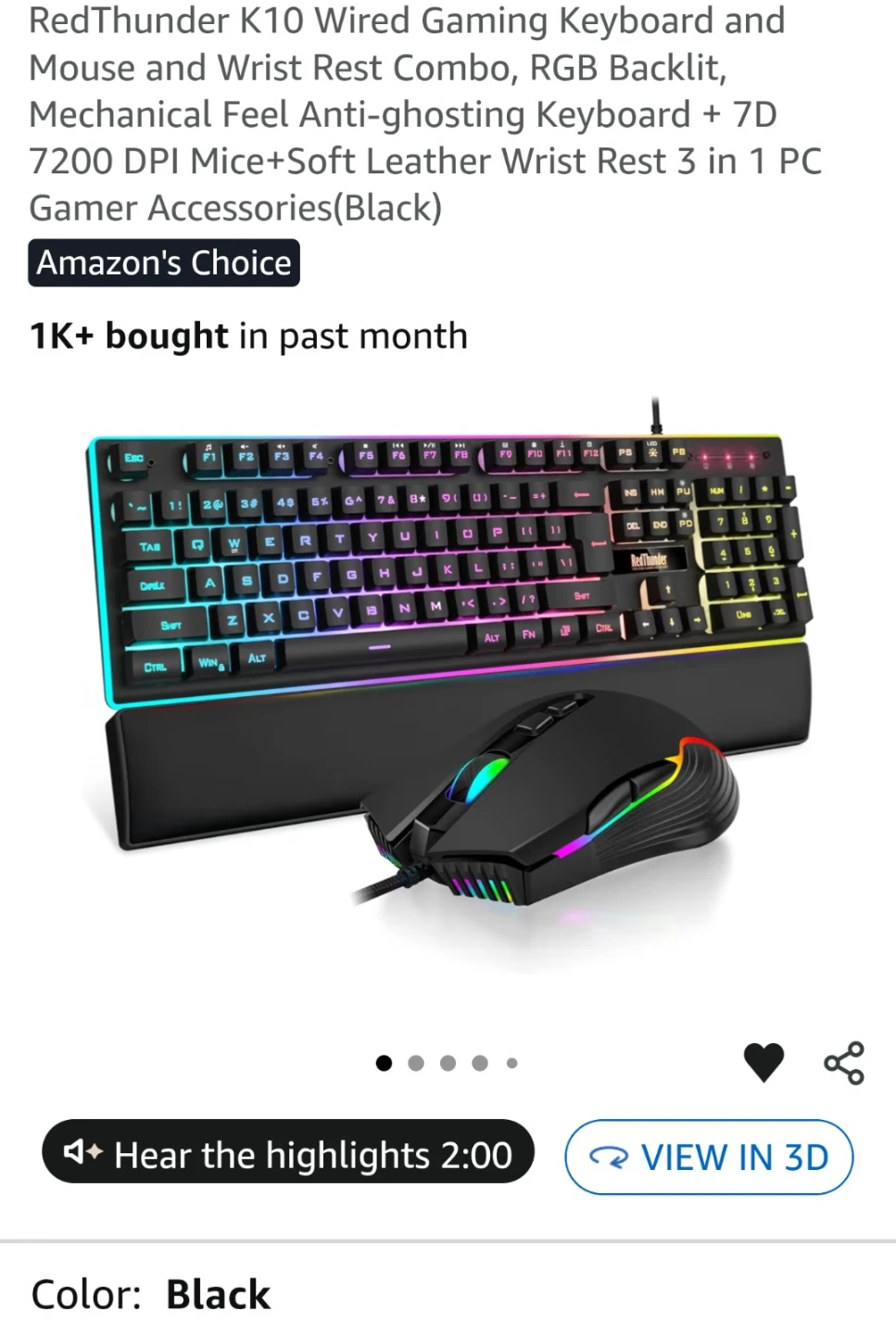 RedThunder K10 Wired Gaming Keyboard and Mouse Combo RGB Backlit