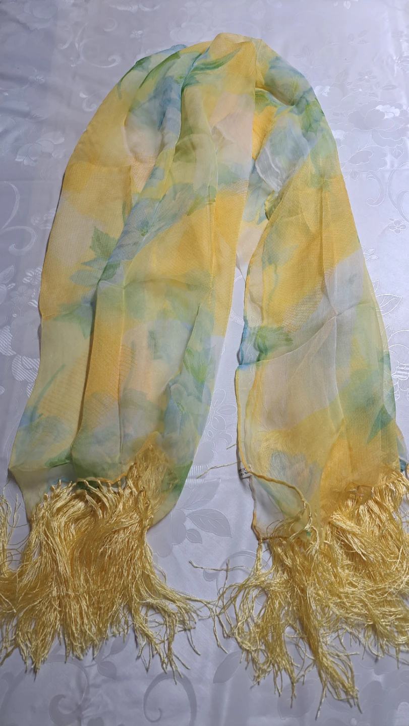 New Yellow and Blue Floral Silk Scarf with Tassels
