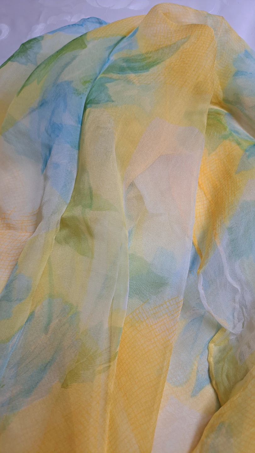 New Yellow and Blue Floral Silk Scarf with Tassels - photo 2