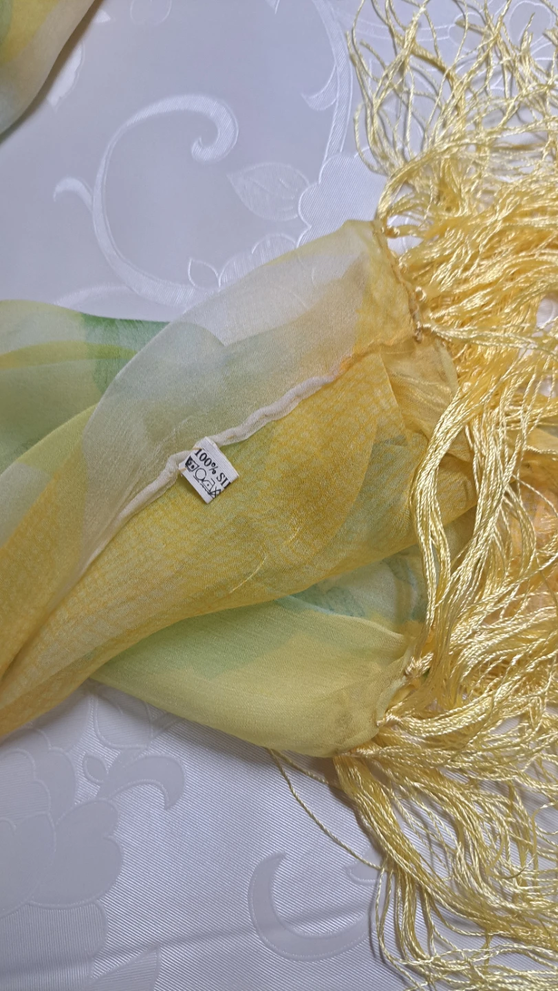 New Yellow and Blue Floral Silk Scarf with Tassels - photo 3