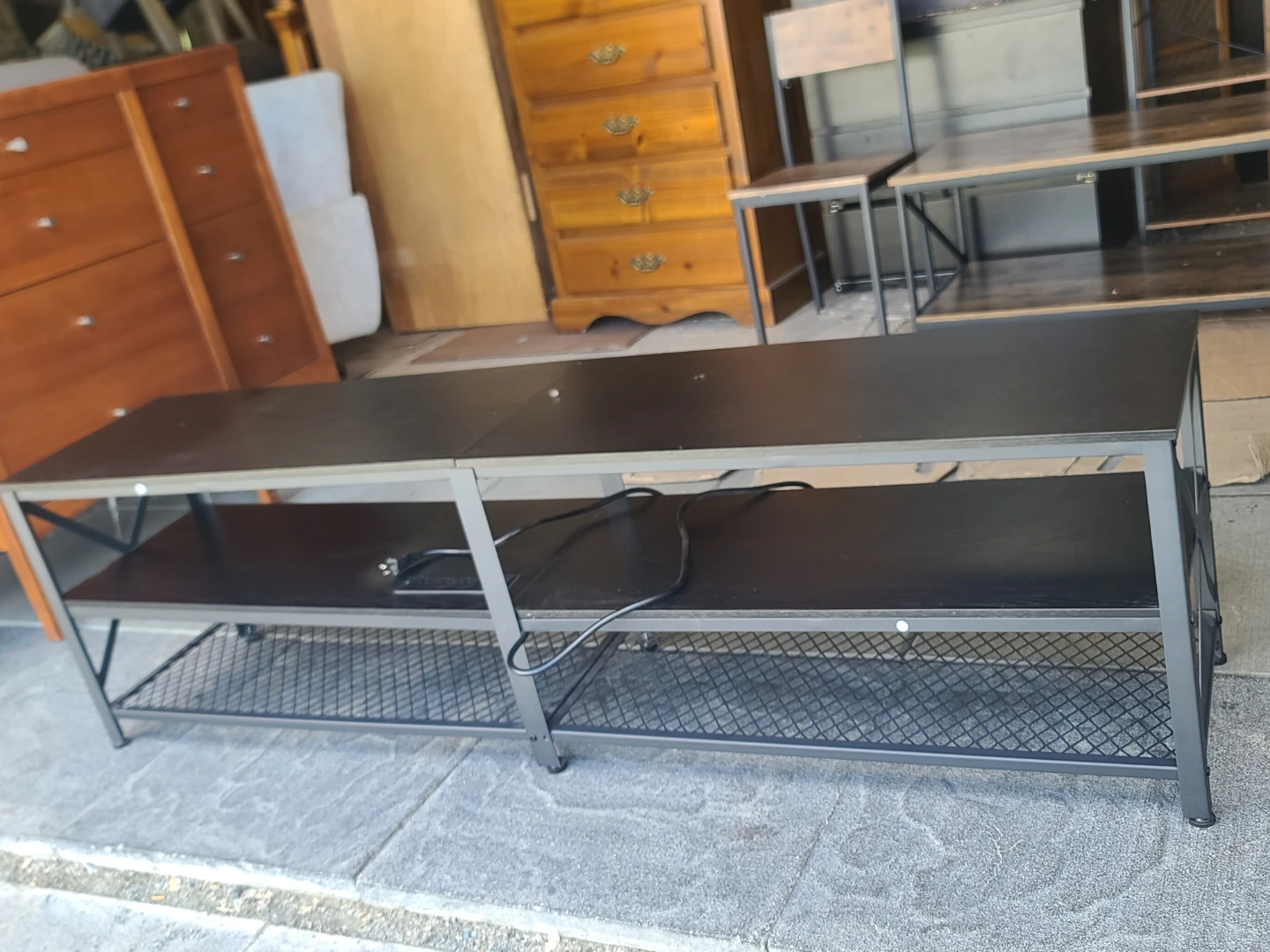 Black Media Console with Built-in Power Strip