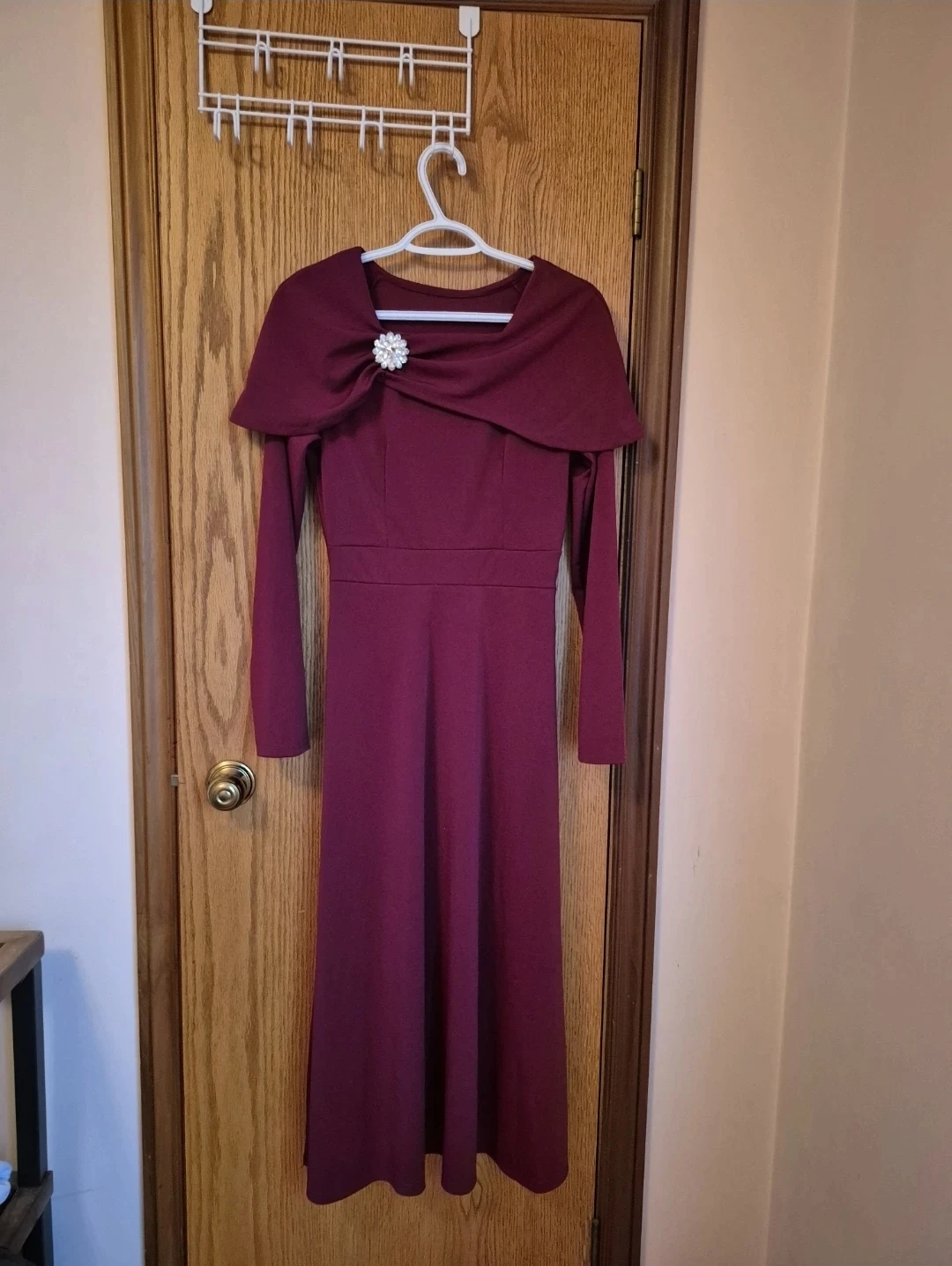 Maroon Dress with Embellished Brooch
