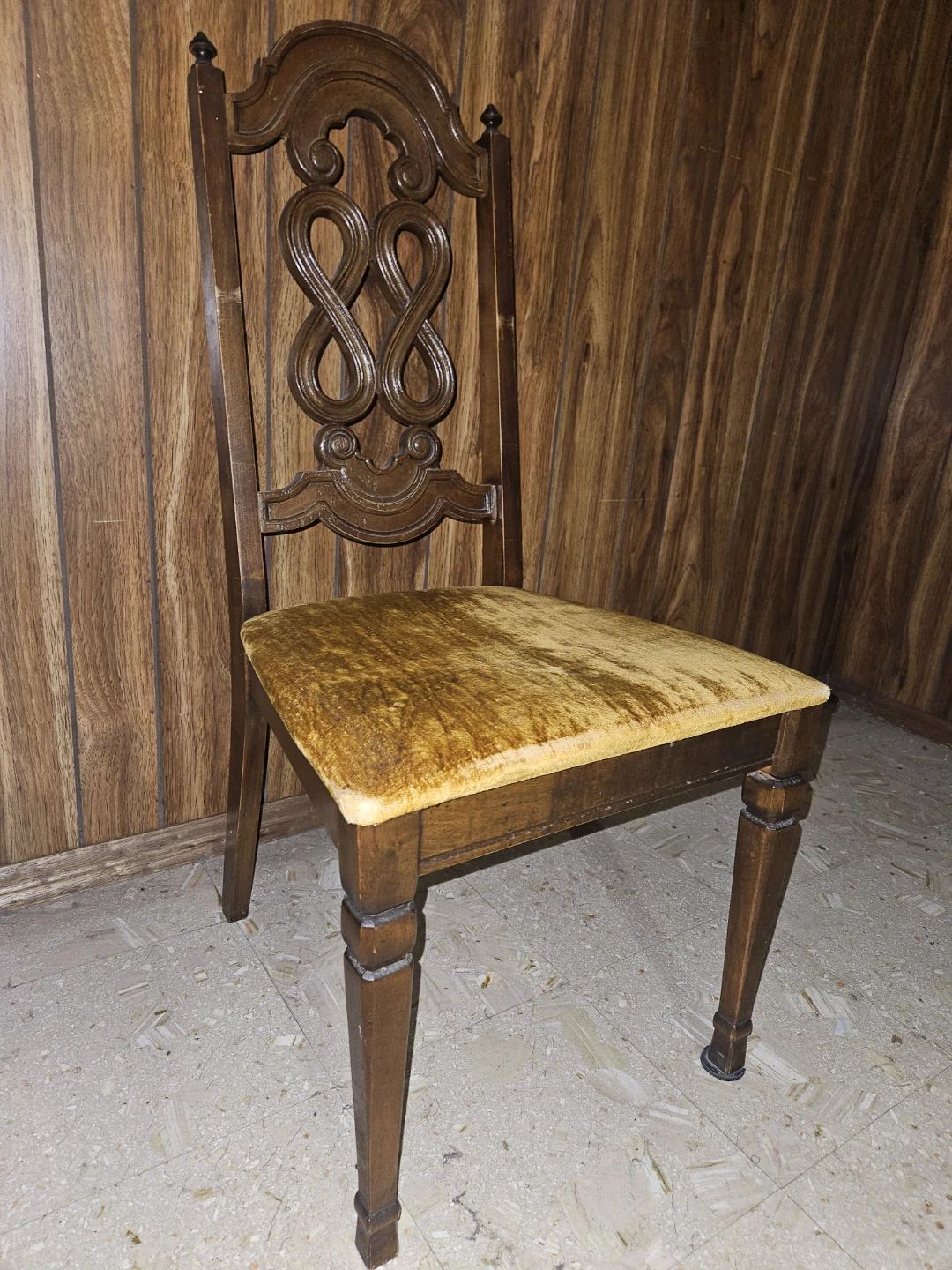 Vintage Dining Chair - Ornate Wood & Gold Upholstery