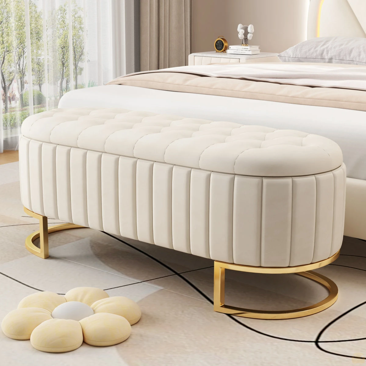 Cream Velvet Storage Ottoman Bench
