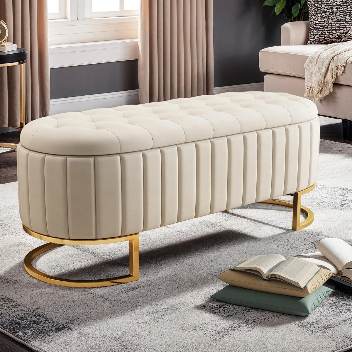 Cream Velvet Storage Ottoman Bench - photo 2