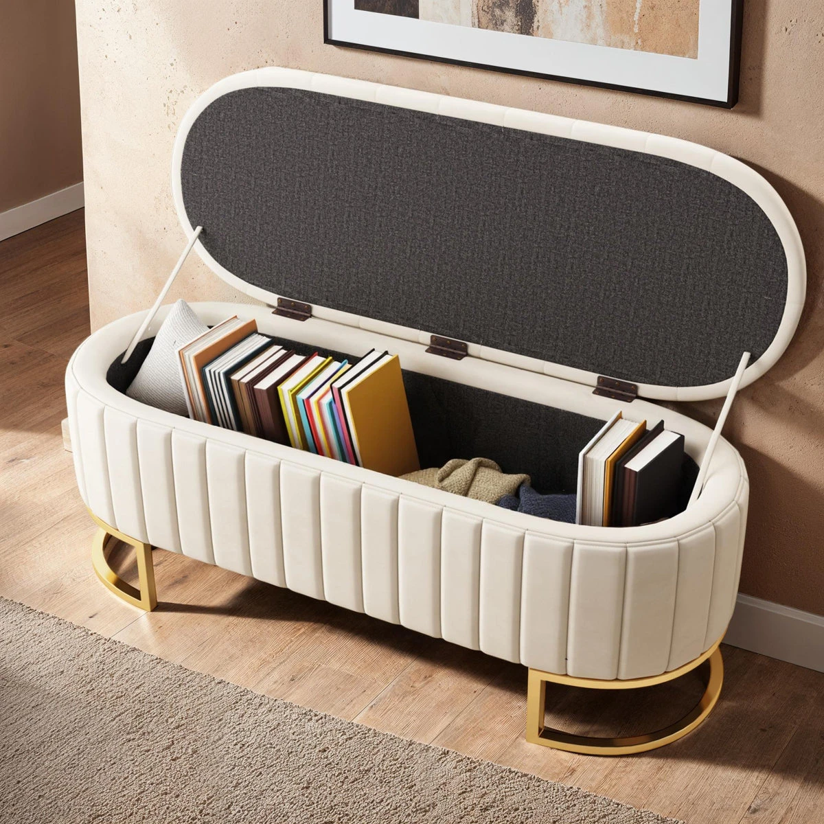 Cream Velvet Storage Ottoman Bench - photo 4