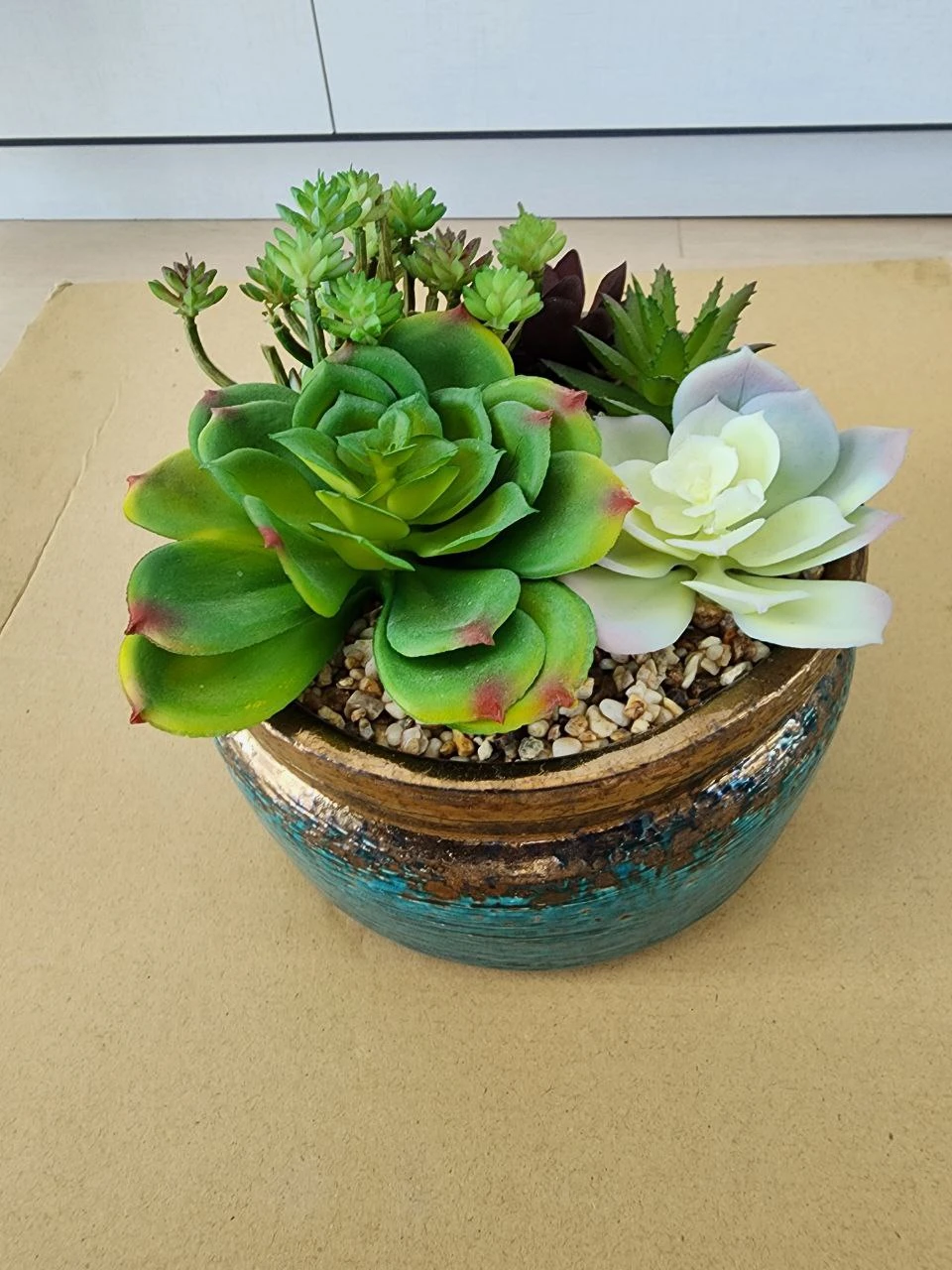 Faux Succulent Arrangement in Teal and Gold Pot