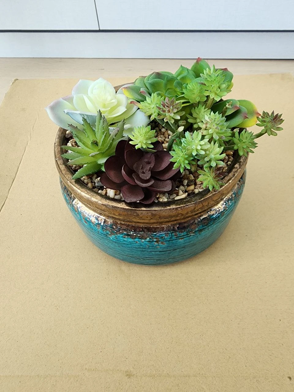 Faux Succulent Arrangement in Teal and Gold Pot - photo 2