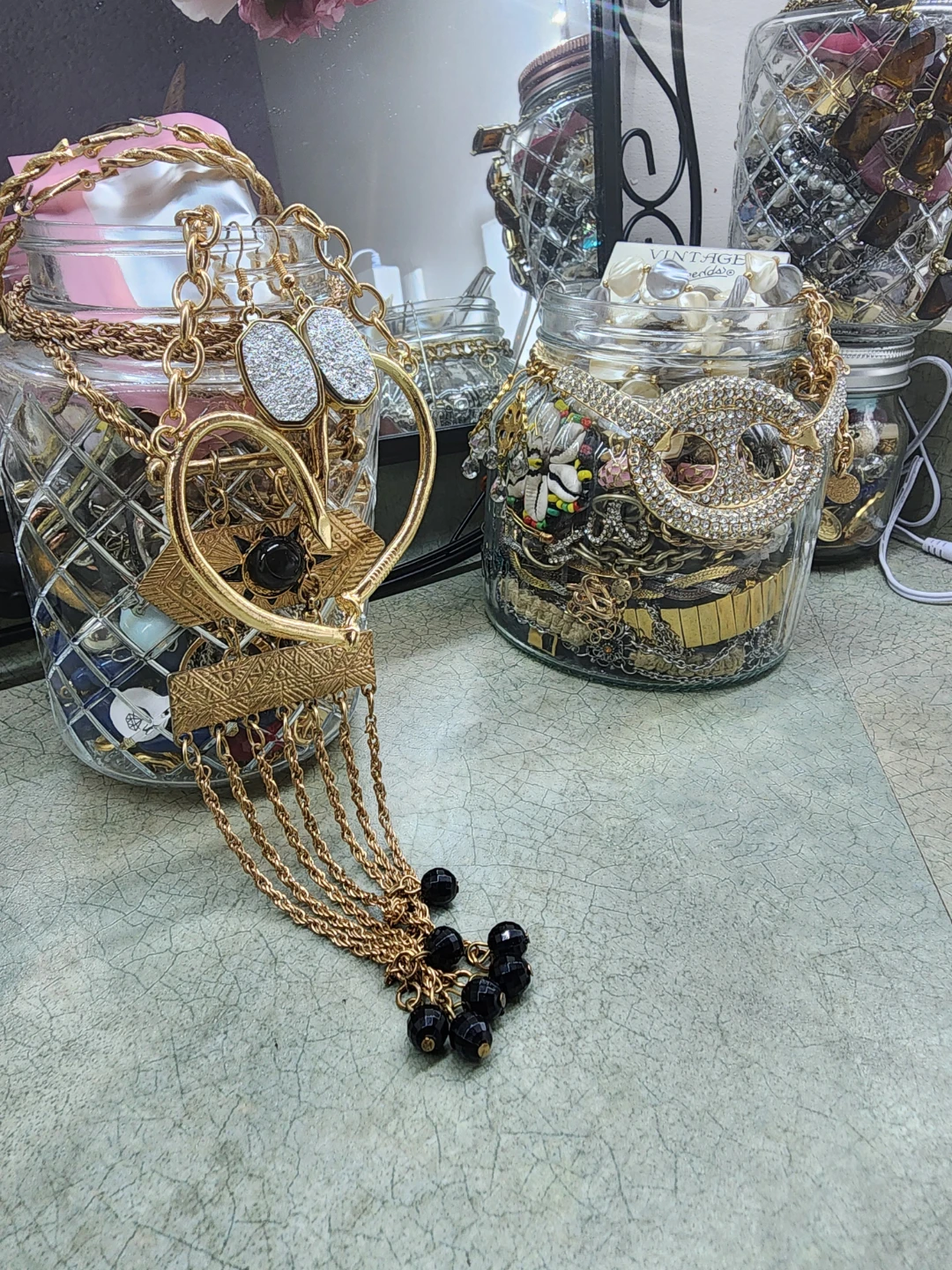Gold-tone Heart Necklace with Black Beads