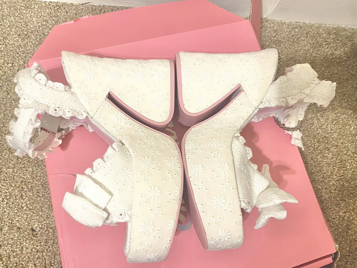 White Lace Platform Wedge Sandals with Bows and Buckles