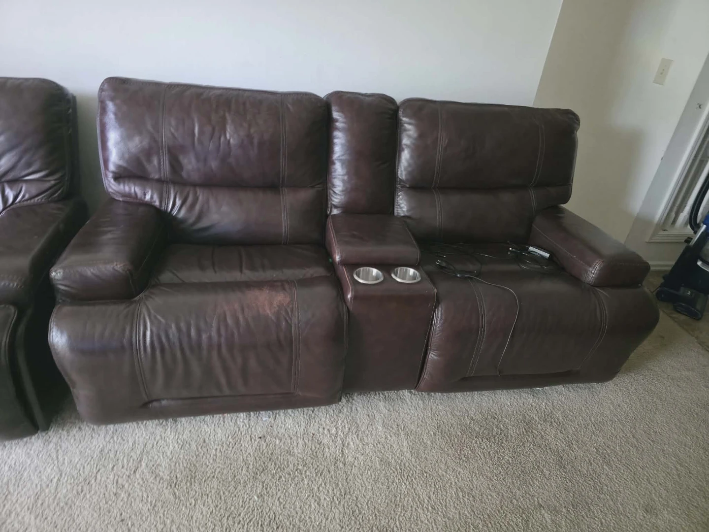 Brown Leather Reclining Loveseat with Cup Holders