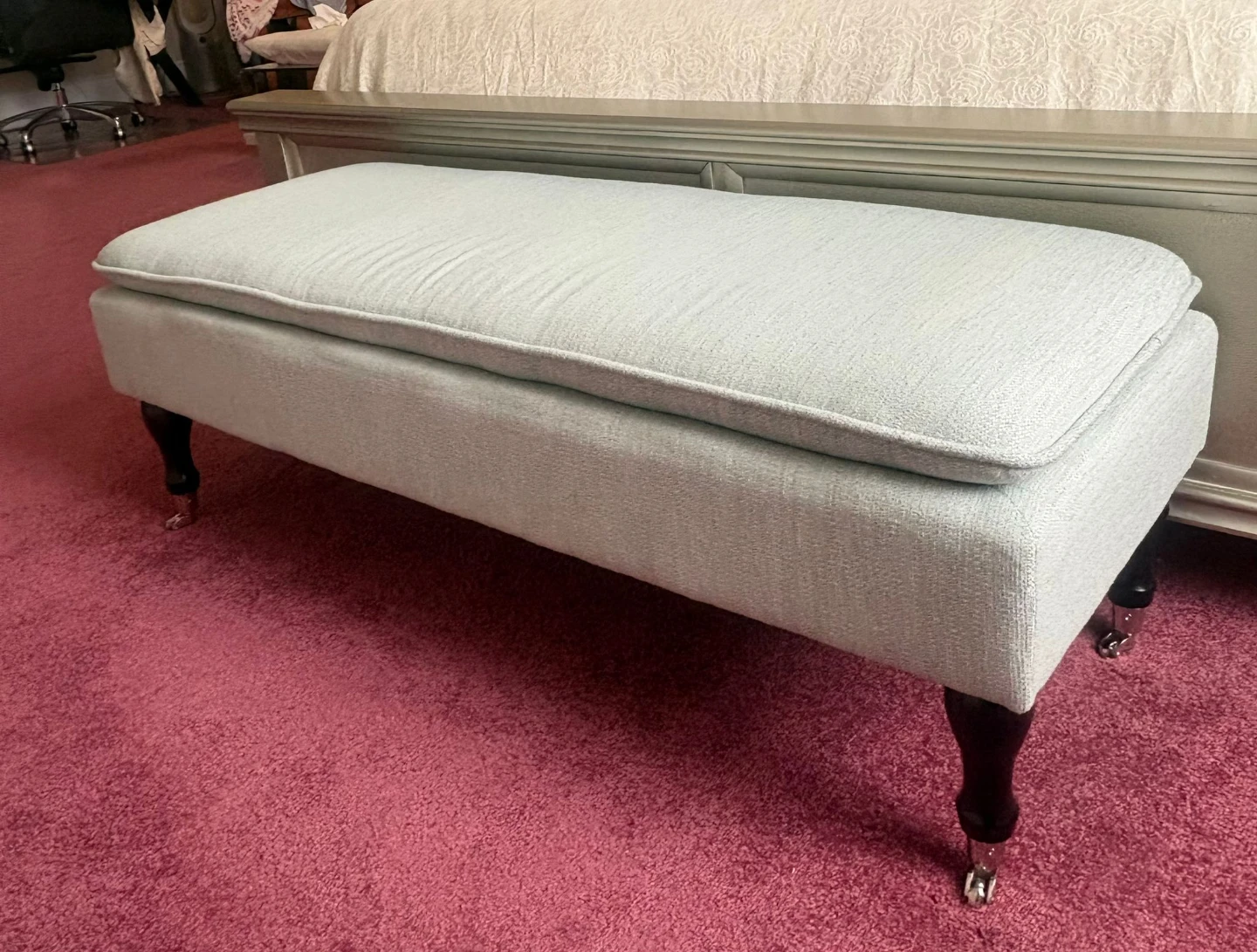 Light Blue Upholstered Bench with Casters