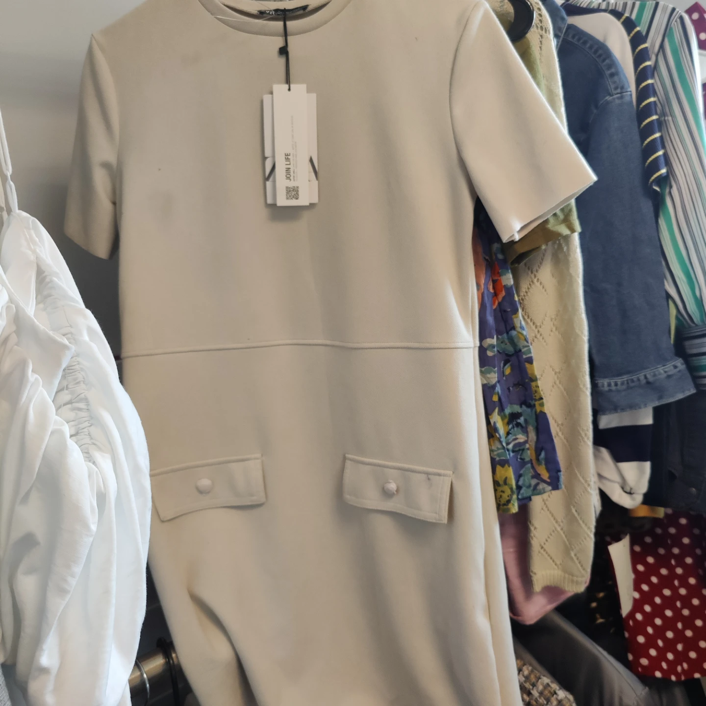 ZARA Cream Short Sleeve Dress with Pockets