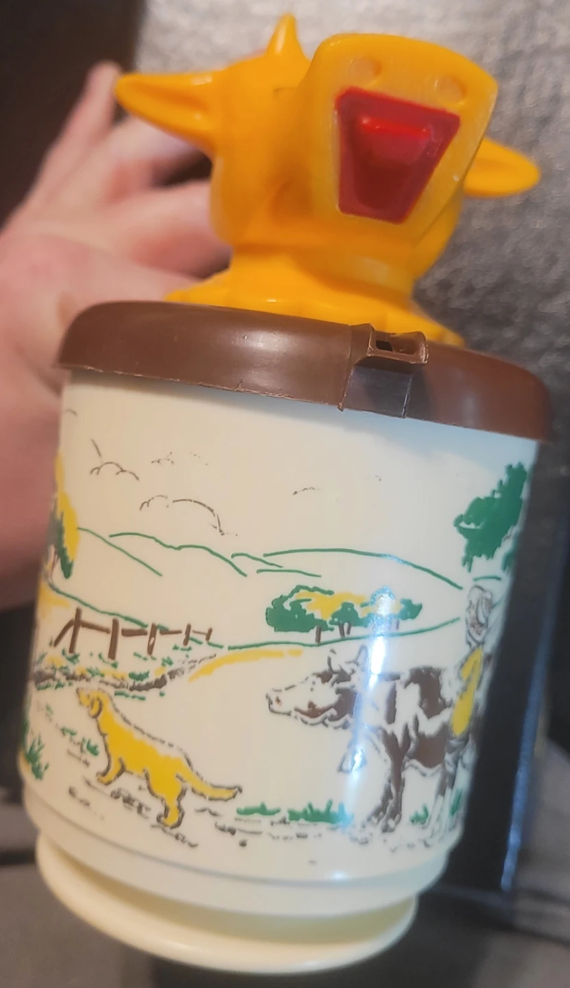 Vintage Yellow Cow Toy with Farm Scene Container - photo 3
