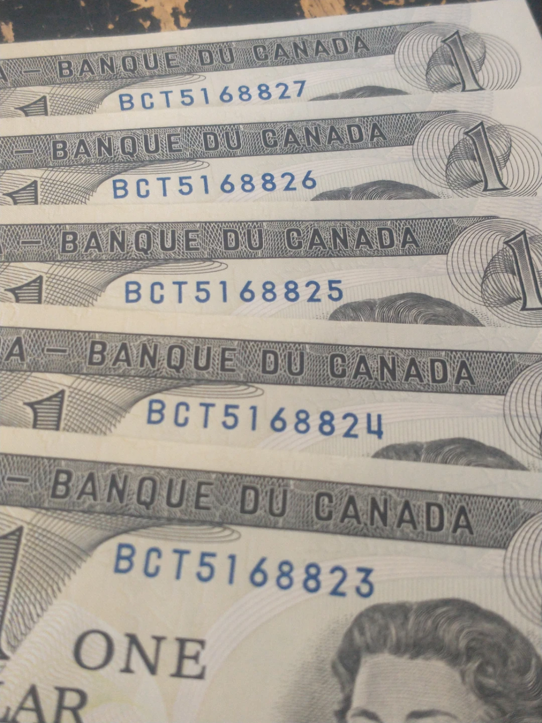 1973 Canada uncirculated 5 consecutive $1 banknotes ends ~8827 - photo 2