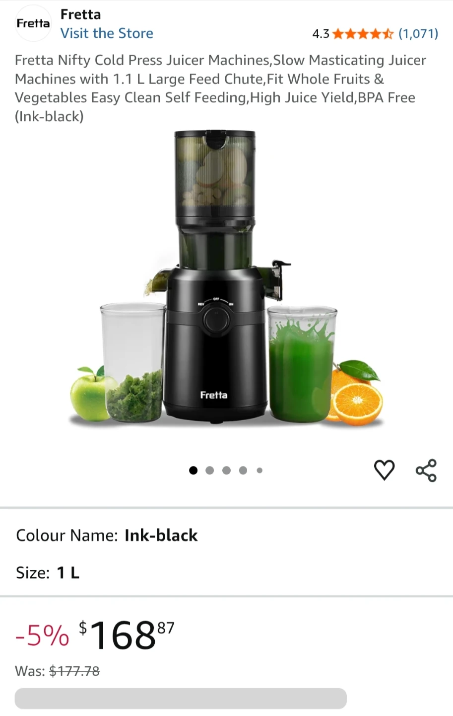 Unused Fretta Nifty Cold Press Juicer - Ink-black, 1L