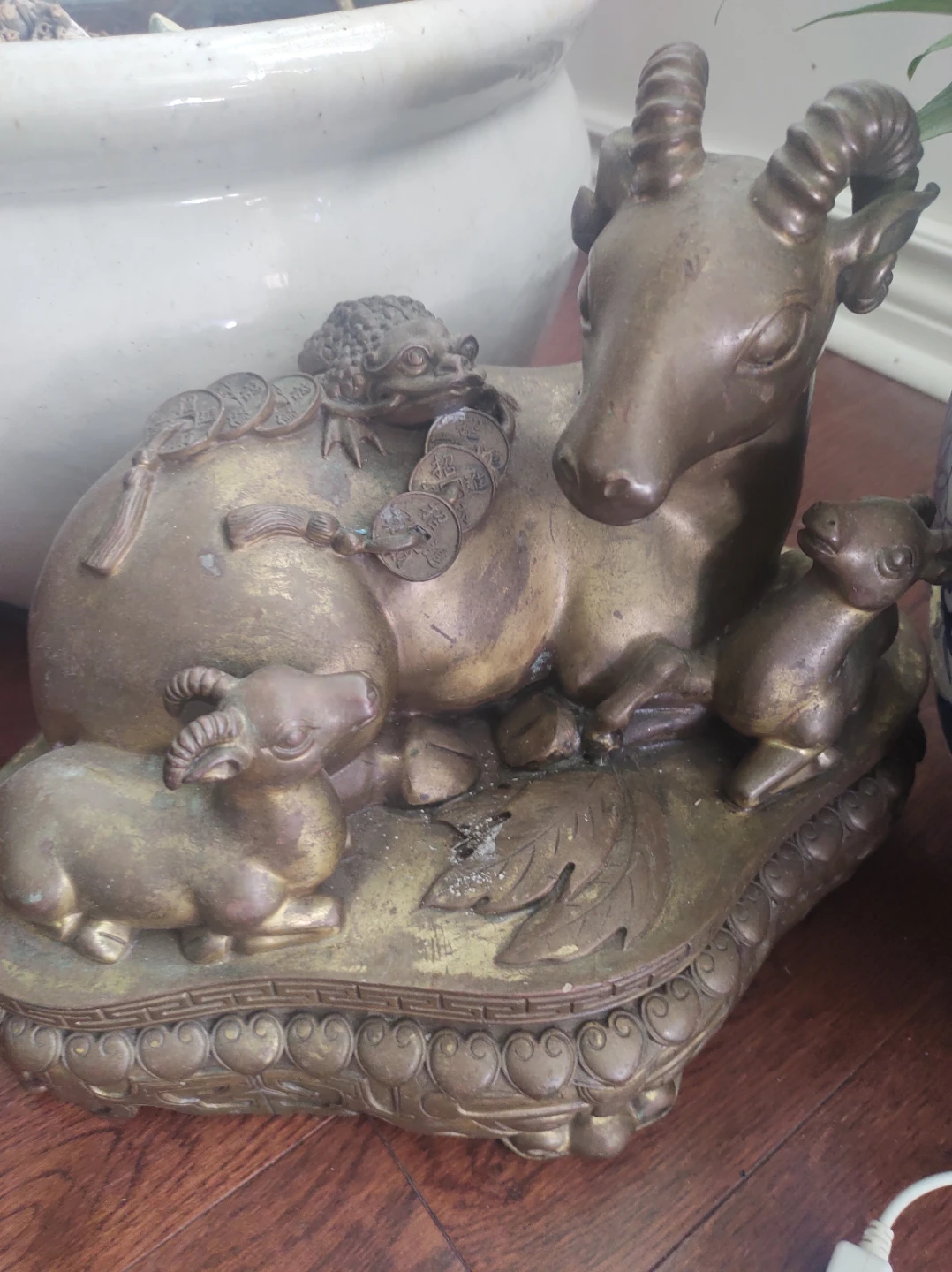 Bronze Ram and Lambs Figurine with Coins
