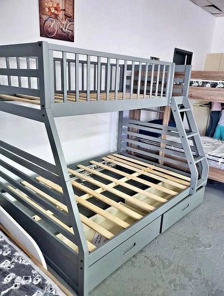 Grey Wooden Bunk Bed with Storage Drawers